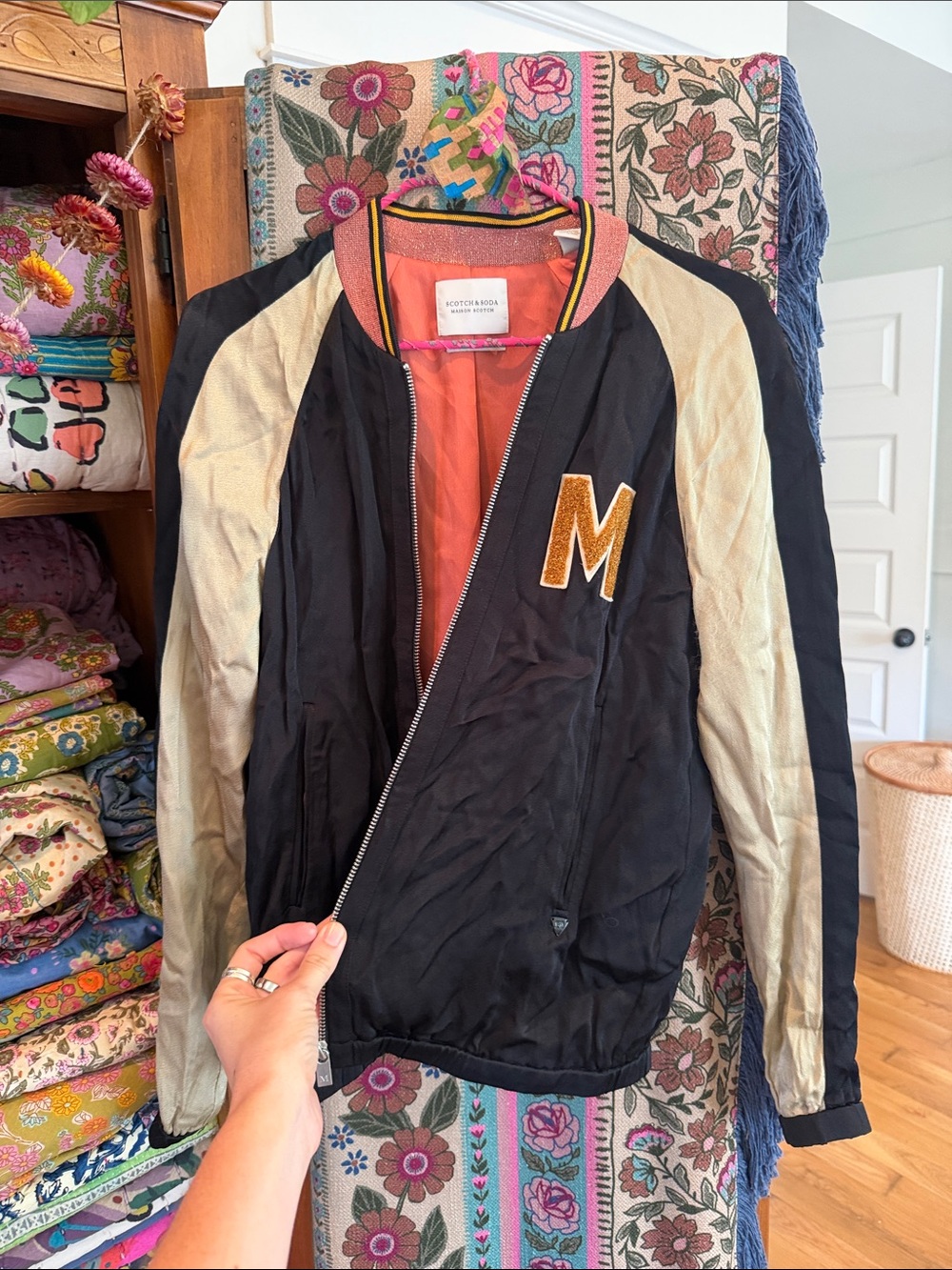 Scotch & Soda Black and Cream Bomber Jacket with Gold 'M' Patch